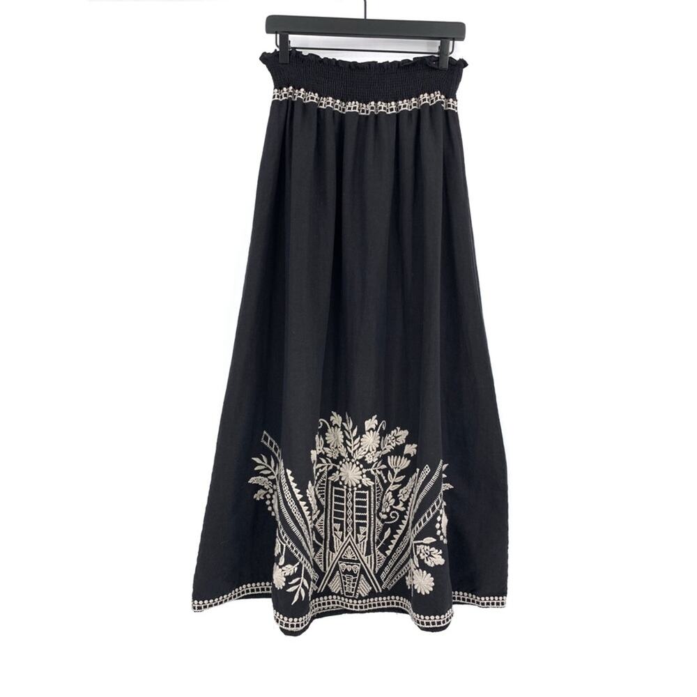 NWT JOHNNY WAS Embroidered Linen Midi Skirt Black Cream XL - Picture 1 of 10